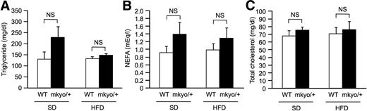 Figure 7. Lipid metabolism in male Ppargmkyo/+ rats and their WT littermates fed a standard diet (SD) or high-fat diet (HFD). Fasting plasma TG (A), fasting plasma TG NEFA (B), and fasting plasma total cholesterol (C) concentrations. Data are mean ± SEM (n = 10/group). NS, not significant (Student t test).