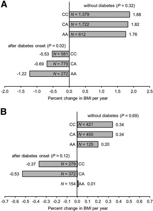 Figure 3. Longitudinal BMI pattern in SWAI and SHS individuals without diabetes and after diabetes onset for rs75493593. The longitudinal relationship with change in BMI for the SWAI (A) and SHS (B) individuals. P value for those without diabetes was adjusted for sex, birth year, baseline age, and American Indian heritage. P value for after diabetes onset was adjusted for sex, birth year, diabetes duration, and American Indian heritage.