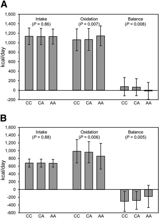 Figure 4. Association analyses for rs75493593 and carbohydrate and lipid oxidation. A: Association between rs75493593 and carbohydrate intake, carbohydrate oxidation, and carbohydrate balance. B: Association between rs75493593 and lipid intake, lipid oxidation, and lipid balance. Genotype N = CC, 145; CA, 179; AA, 66. P values for carbohydrate and lipid intake and carbohydrate and lipid balance were adjusted for age, sex, percent body fat, family membership, and American Indian heritage. P values for carbohydrate and lipid oxidation were adjusted for age, sex, percent body fat, family membership, American Indian heritage, and energy balance.