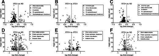 Figure 2. The effect of insulin deprivation and treatment on skeletal muscle proteome. A: Compared with ND, STZ–I exhibited reduced expression of mitochondrial proteins but increased proteins linked with FA uptake/transport and glycolysis/glycogen breakdown. These directional trends were reversed in STZ+I (B) but were still visible compared with ND (C). D: Protein markers of oxidative stress and ubiquitination were higher in STZ–I mice compared with ND, and proteins linked with protein synthesis were lower. These directional trends were reversed in STZ+I (E) to the levels comparable with ND mice (F). Only significantly affected proteins are shown on volcano plots (–log10 P > 1.301). Individual protein names and expression values are given in Supplementary Table 2A–F for panels A to F, respectively.