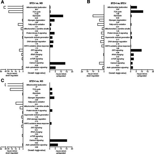 Figure 3. Canonical pathways affected by insulin deprivation and treatment. A: Pathways affected in STZ–I compared with ND animals. B: Pathways affected by insulin treatment (STZ+I) compared with diabetic insulin-deprived (STZ–I) mice. C: Pathways that distinguish between STZ+I and ND mice. The middle column of each graph lists the pathway name and the overall pathway score presented as –log10 P value. The □ bars display the pathway –log10 P value score calculated using only downregulated proteins, whereas ■ bars depict the same variable using only upregulated proteins. Significantly affected pathways display the –log10 P value score >1.3 (P < 0.05). All significantly affected pathways from STZ–I vs. ND, STZ+I vs. STZ–I, and STZ+I vs. ND comparisons are listed in Supplementary Table 3A, B, and C, respectively.