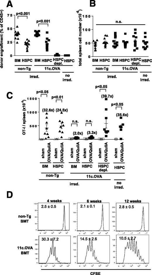 Figure 4. Termination of CD8+ Tmem responses requires HSPC engraftment. A–C: OT-I Tmem were transferred to non-Tg mice that were irradiated (300cGy) or not 1 week later and BM, lin−ve/c-kit+ve HSPCs, or BM depleted of lin−ve/c-kit+ve HSPCs transferred as indicated. Four weeks after BM transfer, mice were challenged or not with OVA/QuilA and, 1 week later, analyzed. Donor engraftment (A), total spleen cell number (B), and OT-I in spleen (C) were determined by flow cytometry. D: Mice were irradiated (300cGy), and non-Tg or 11c.OVA BM (107) was transferred. CFSE-labeled naive OT-I T cells were transferred as indicated and analyzed 3 days later. Proliferation index is indicated (mean ± SD, n = 4). Data are pooled from 4 experiments (A–C) and show individual mice (mean ± SEM) (n = 4 [sham] or 8 [OVA/QuilA] per group) or representative of 4 mice from 2 separate experiments.