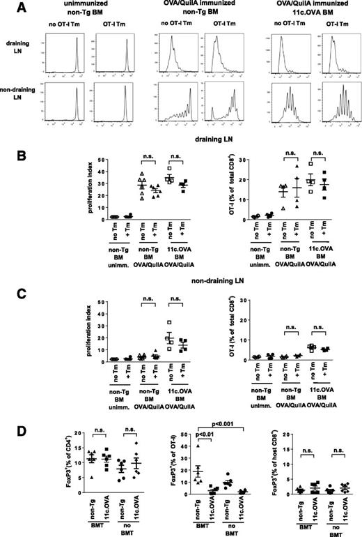 Figure 5. Transfer of OVA-encoding BM does not establish OVA-specific regulation. A–C: OT-I Tmem were or were not transferred to non-Tg recipients. One week later, mice were irradiated (300cGy) and non-Tg (C57BL/6) or 11c.OVA BM was transferred. Six weeks after BM transfer, 5 × 106 naive CFSE-labeled OT-I cells were transferred and mice immunized with OVA/QuilA subcutaneously. CFSE dilution in the draining (inguinal) and nondraining (pooled axillary, mesenteric) LN was assessed 3 days later by flow cytometry. D: OT-I Tmem were transferred to non-Tg mice that were irradiated (300cGy) and injected intravenously with BM from non-Tg or 11c.OVA donors (BMT) 1 week later. Controls (no-BMT) were non-Tg or 11c.OVA mice injected with Tm in parallel with BM transfer test mice. Four weeks after BM transfer, spleen cells were examined by flow cytometry. Data are representative of 6 mice in 2 separate experiments (A) or pooled from two separate experiments (B–D). Lines depict mean ± SEM (n = 4–6 per group).