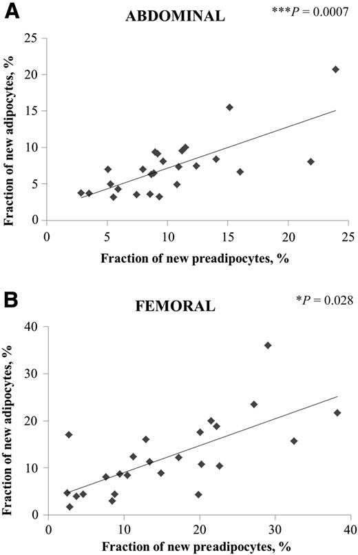 Figure 1. Formation of adipocytes is positively correlated with that of preadipocytes in the scABD (A) and scFEM (B) depots. Simple associations between the fraction of new adipocytes and preadipocytes were analyzed using Spearman correlation (n = 25). The Spearman correlation between adipocytes and preadipocytes in the scABD depot is 0.6305 (R2 = 0.3837; P = 0.0007), and it is 0.43932 (R2 = 0.1835; P = 0.028) in the scFEM depot. *P < 0.05; ***P < 0.01.