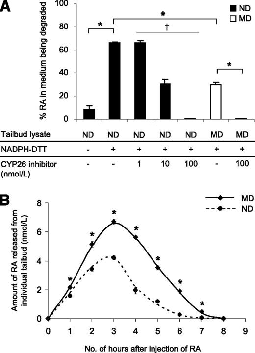 Figure 2. Embryos of diabetic mice show reduced efficiency of RA catabolism. A: In vitro RA-degrading efficiency, presented as the percentage of RA in the medium being degraded by the tailbud lysate, in the presence or absence of the cofactor (NADPH) and the reducing agent (DTT) for optimal activity of CYP26 enzymes, and varying concentrations of R115866 (CYP26 inhibitor) (n = 18 in the ND and MD groups with NADPH-DTT; n = 3–9 in other groups from 20 ND and 18 MD litters). *P < 0.001, Student t test; †R2 = 0.742 and P = 0.001, linear regression. B: In vivo RA clearance measured as the amount of RA released from individual tailbuds, using a RA reporter cell line, at hourly intervals after injection of 50 mg/kg RA at E9 (n = 16–42 from three to eight litters). *P < 0.001 vs. ND, Student t test and nonlinear regression. Error bars represent the mean ± SEM.