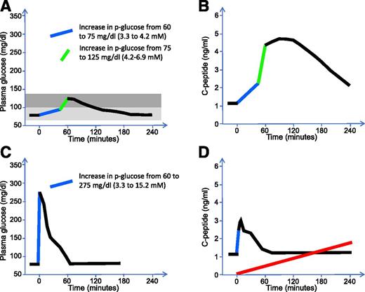 Figure 1. Plasma glucose and corresponding C-peptide levels in response to an oral SM (600 kcal mixed-nutrient meal) (A and B) or during an IVGTT (0.3 g/kg body weight) (C and D). Figures are made with values obtained from refs. 10,13,31. CGMS in subjects without diabetes shows that 80% of the glucose values are within the light gray area, and almost all remaining readings are within the dark gray area. During an SM, incretin potentiation allows only a marginal increase in plasma glucose levels (A) to induce a massive release of insulin, as measured by plasma C-peptide (B). During an IVGTT, plasma glucose is increased to supraphysiological levels within minutes (C). Even so, the induced release of insulin, as measured by plasma C-peptide (D), is markedly lower than during an SM (B). The total stimulated insulin secretion (area under the curve) in response to an SM is about eight times larger than that observed during an IVGTT. The kinetics of insulin release, as measured by plasma C-peptide, from macroencapsulated human islets within the βAir device are shown by the red line in panel D. It should be noted that no information on plasma glucose levels after the IVGTT was provided in the study by Ludwig et al. (31), and therefore this information is not indicated in panel C.
