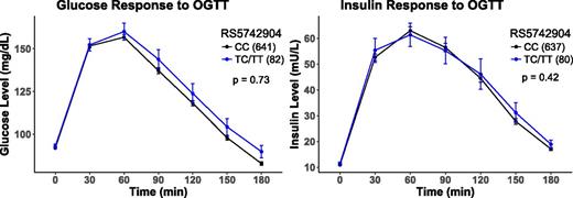 Figure 1. Glucose and insulin response to a 3-h OGTT by APOB R3527Q (rs5742904) genotype.