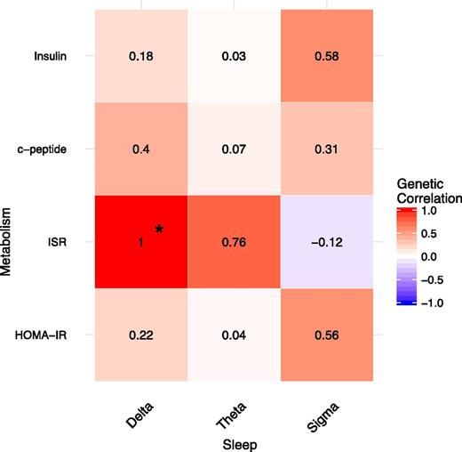 Figure 4. A heat map illustrating the genetic correlations calculated with SOLAR using the pedigree relationships. Blue indicates negative correlations and red indicates positive correlations. Although the point estimates are large for several trait pairs due to the small sample size, the SE are also sizeable and the only correlation reaching significance is delta power/ISR (rhoG = 1, SE = 0.46, P = 0.0062), indicated with an asterisk.