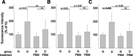 Figure 2. Diabetes (D) of 8 months’ duration significantly increased accumulation of FITC-BSA in the inner plexiform (A), inner nuclear (B), and outer plexiform (C) layers of the mouse retina compared with that in nondiabetic (N) mice. PBM from the onset of diabetes significantly inhibited the extravascular fluorescence in the inner nuclear and outer plexiform layers of the retina. FITC-albumin was injected intravenously, allowed to circulate for 20 min, and then average fluorescence was measured from cross-sections from a large area of each layer, taking care to avoid obvious microvessels. n = 6 to 7. Data expressed as mean ± SD.