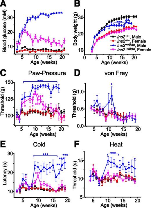Figure 1. Diabetes and nociception in Ins2+/Akita mice. Blood glucose (A) and body weight (B) were monitored weekly in male and female Ins2+/Akita mice and WT littermates. Mechanical nociception was monitored using the paw-pressure test (C) and punctate stimulation with von Frey filaments (D). Thermal nociception was examined using cold-plate (10°C, E) and hot-plate (50°C, F) tests. *P < 0.05, **P < 0.01, and ***P < 0.001, compared with WT mice of the same sex, ANOVA followed by Tukey test. N = 3–20 (3 for some measurements at 3–4 and <18 weeks of age).