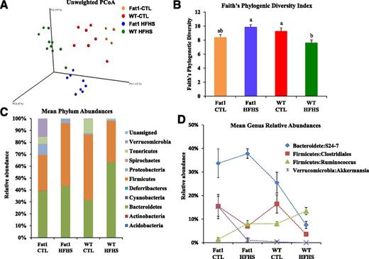 Figure 4. WT and fat-1 mice display different proportions of cecal microbiota phyla when fed a CTL or HFHS diet. A: PCoA of the unweighted UniFrac distance matrix. Red, orange, green, and blue dots represent WT mice fed the CTL diet, fat-1 mice (Fat1) fed the CTL diet, WT mice fed the HFHS diet, and fat-1 mice fed the HFHS diet, respectively. B: Variation between groups of Faith’s Phylogenetic Diversity index. Colors are the same as in A. Groups with different letters are significantly different at P < 0.05, by the Tukey HSD test. C: Mean phylum abundances across the four treatments. D: Mean relative abundances of the most responding OTUs across the four treatments. Data in B, C, and D are means ± SEM.