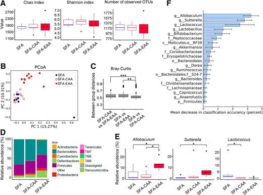 Figure 4. SFA-EAA diet changes gut microbiota composition. A: Chao index, Shannon entropy index, and α-diversity calculated on the number of observed operational taxonomic units (OTUs). B: Principal coordinates analysis (PCoA) of bacterial β-diversity based on the Bray-Curtis dissimilarity index. Each symbol represents a single sample of feces after 6 weeks of treatment. C: Box-and-whisker plot of intercommunity β-diversity determined by the Bray-Curtis dissimilarity index. D: Phylum/order level relative abundance expressed as geometric mean. E: Allobaculum, Sutterella, and Lactococcus relative abundance. F: Random forest analysis. For the box-and-whisker plots, the boxes show median and first and third quartiles. The whiskers extend from the quartiles to the last data point within 1.5× interquartile range, with outliers beyond represented as dots (n = 10 mice per group). *P < 0.05, **P < 0.01, and ***P < 0.001 as shown.