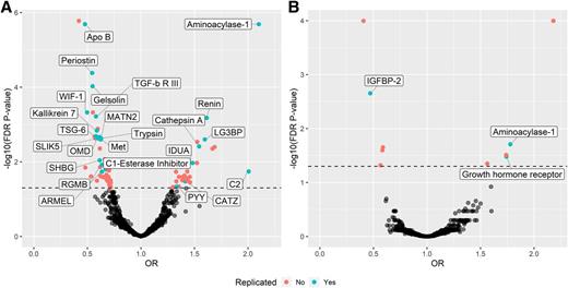 Figure 2. Volcano plot of type 2 diabetes results in KORA, where proteins that replicated in HUNT are labeled. A: Results of the proteome-wide analysis with prevalent type 2 diabetes in KORA. B: Results of the proteome-wide analysis with incident type 2 diabetes in KORA.