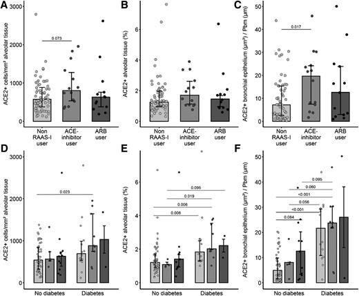 Figure 4. Pulmonary ACE2 protein expression according to RAAS inhibitor use and diabetes. Bar plots depict median values of ACE2 expression in patients without RAAS inhibitor use, with ACE inhibitor use, and with ARB use (A–C) and stratified by diabetes (D–F). Error bars represent 25th and 75th percentiles. P values <0.1 are shown.