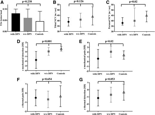 Figure 2. Comparison among groups of patients with type 2 diabetes with DPN, type 2 diabetes without DPN, and control subjects (as determined by NSS and NDS) with regard to T2w lesion load, EPT, and compound z scores. A: Group comparison of T2w lesion load in MRN. B: Group comparison of tibial NCV. C: Group comparison of peroneal NCV. D: Group comparison of compound z score for mechanical detection (comprising VDT and MDT) in QST. E: Group comparison of compound z score for mechanical pain (comprising MPT and MPS) in QST. F: Group comparison of compound z score for thermal pain (comprising CPT and HPT) in QST. G: Group comparison of compound z score for thermal detection (comprising CDT, WDT, and TSL) in QST. w/o, without.