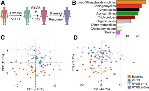 Figure 1. Multiplatform metabolomics of plasma samples from individuals subjected to a VLCD followed by gastric bypass surgery. A: Overview of the study design. Nine NG subjects and ten individuals with T2D were enrolled in the study and subjected to a VLCD, followed by RYGB. Before the intervention (−4 weeks, baseline, red), 4 weeks after VLCD (−1 day, diet, green), as well as 1 day (+1 day, surgery, pink) and 6 weeks after RYGB (+6 weeks, recovery, purple), the participants underwent a frequently sampled MMT (samples taken at fasting, 30 min, and 90 min after food intake were analyzed in the current study). B: Bar plot indicating the distribution of detected metabolites within various metabolite classes. Plot indicates percentage of total (n = 212) identified metabolite species per class. Score scatter plot from the PCA conducted on metabolite (C) and lipid (D) profiling data from fasting plasma samples. The first two principal components (PC1 and PC2) are shown, and the percentage of explained variance by the components is indicated in parentheses. Dotted lines show the 95% confidence regions of the indicated study occasions. Samples clustered according to the study occasion on PC2 (vertical axis). Fasting plasma samples obtained at baseline (−4 weeks) are depicted as orange triangles, samples obtained after the VLCD (−1 day) are depicted as green circles, samples obtained immediately after surgery (+1 day [+1d]) are depicted as pink crosses, and samples obtained after a 6-week recovery period (+6 weeks [+6w]) are depicted as purple squares.