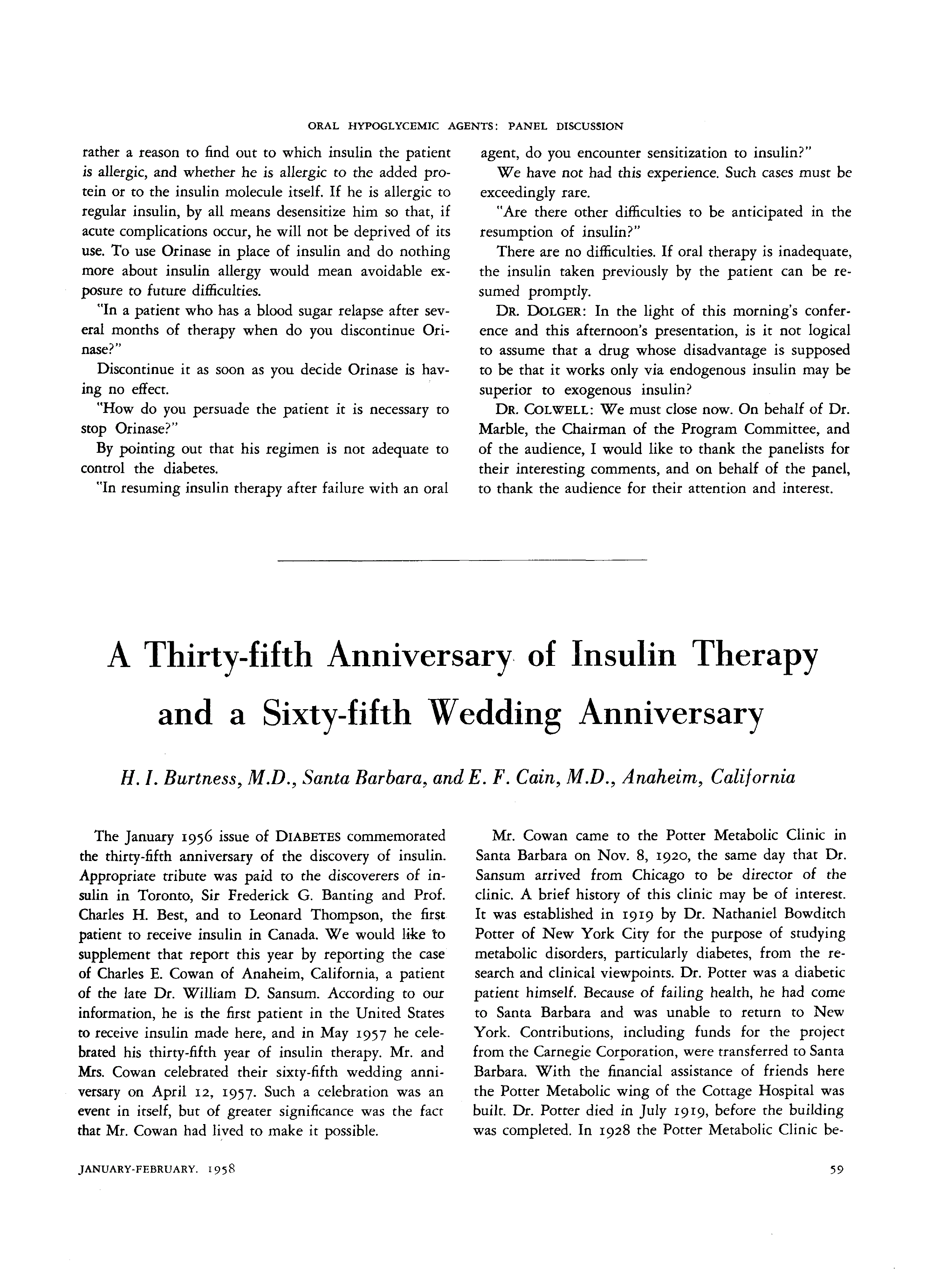 First page of A Thirty-fifth Anniversary of Insulin Therapy and a Sixty-fifth Wedding Anniversary