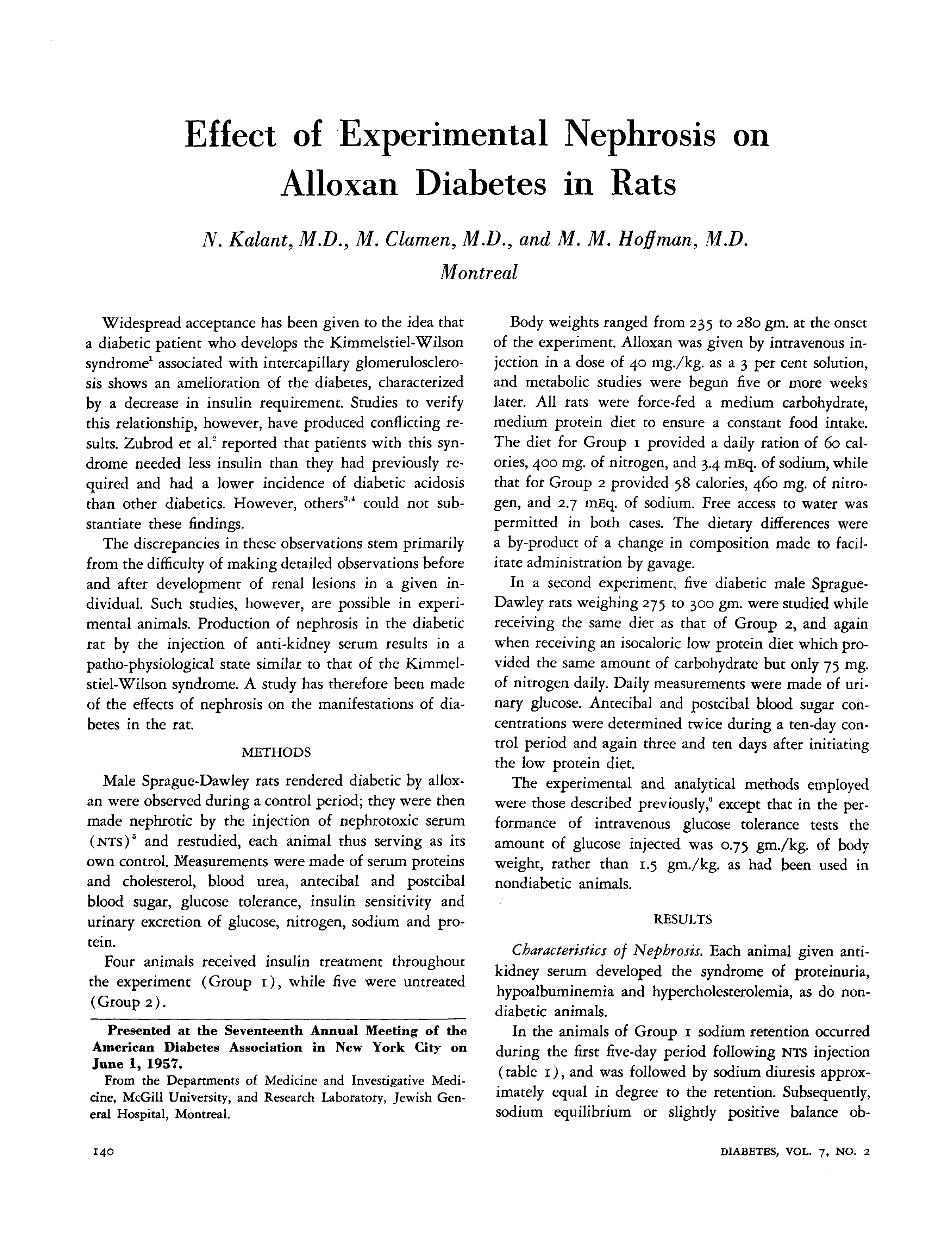 First page of Effect of Experimental Nephrosis on Alloxan Diabetes in Rats