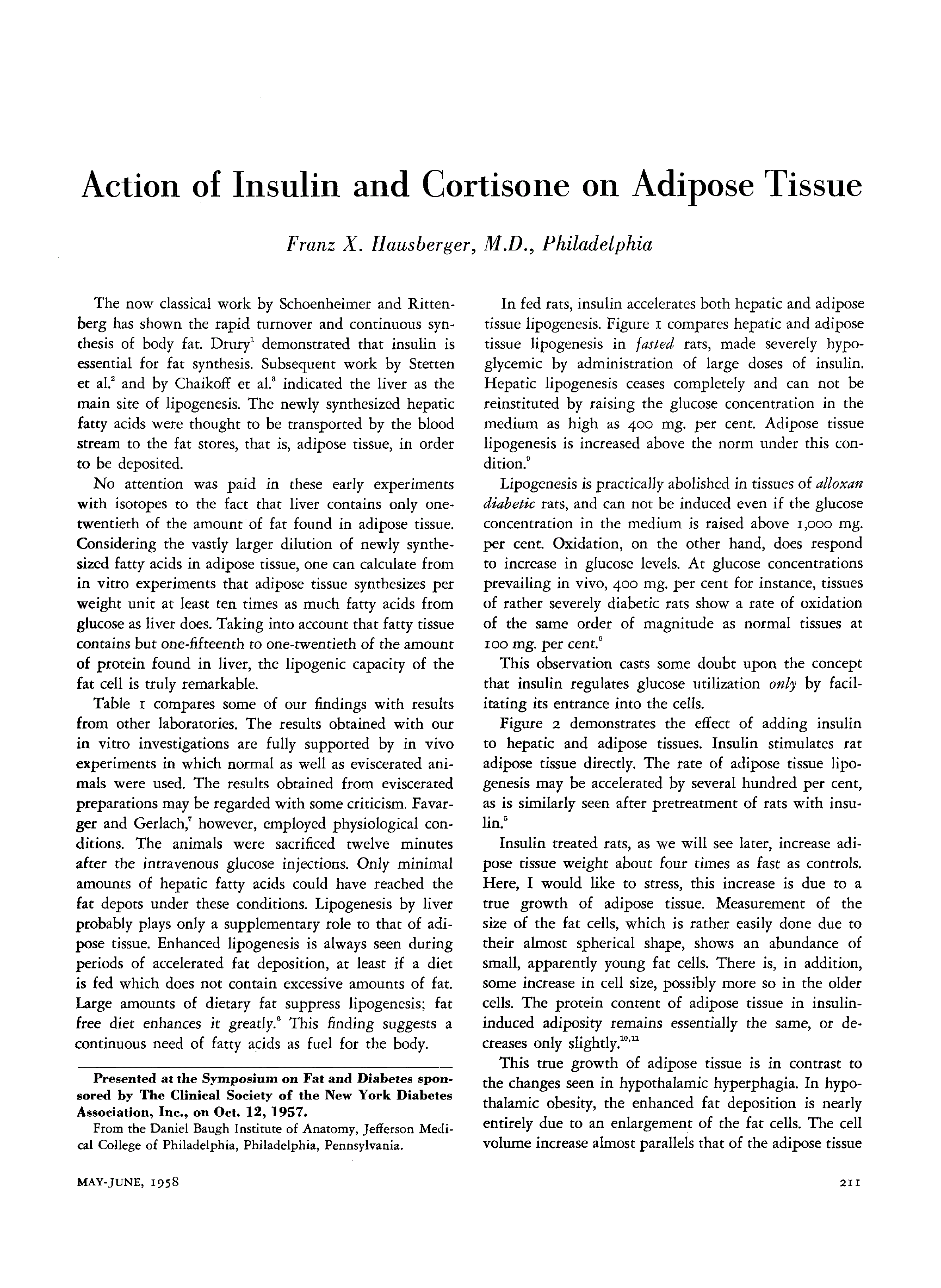 First page of Action of Insulin and Cortisone on Adipose Tissue