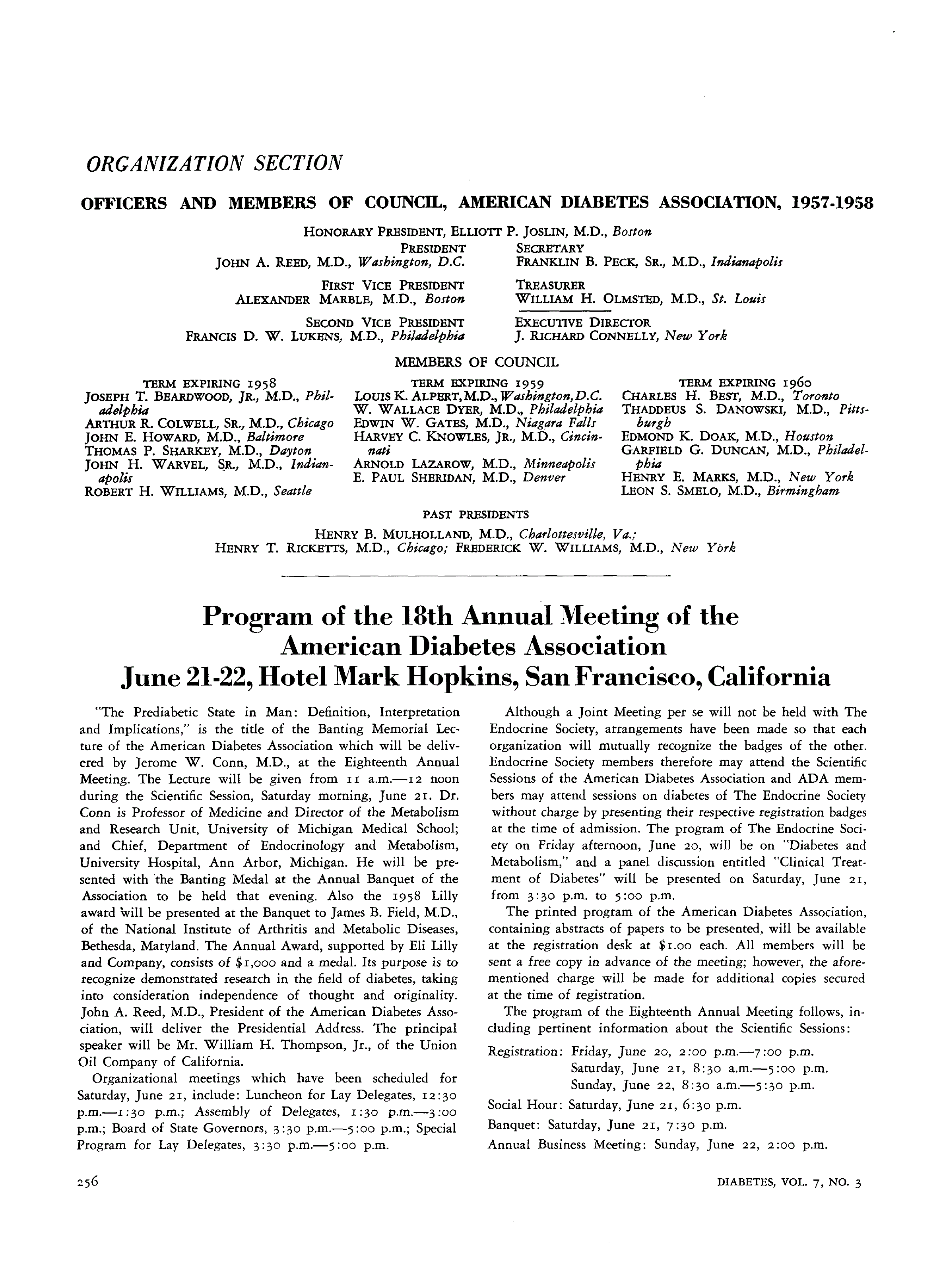 First page of Program of the 18th Annual Meeting of the American Diabetes Association June 21-22, Hotel Mark Hopkins, San Francisco, California