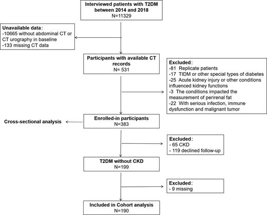 Figure 1. Flowchart of study population in the study. T2DM was diagnosed based on the 1999 World Health Organization diagnostic criteria for T2DM. Data used in this analysis were collected for all participants with the same data collection instruments and methods. T1DM, type 1 diabetes mellitus.