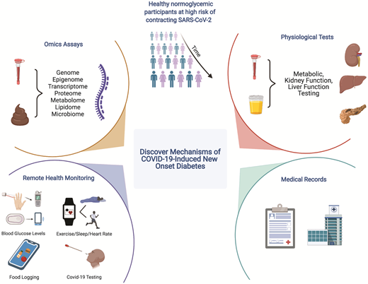 Our proposed framework for studying COVID-19–induced new-onset of diabetes. Participants are recruited once they contact SARS-CoV-2 and monitored longitudinally for at least 6 months. The framework has four pillars of data collection: omics assays, remote health monitoring devices, gold standard physiological tests, medical records. Omics assays will be used to dissect the mechanism of the new-onset of diabetes and whether it is related to COVID-19 or not. Continuous remote health monitoring can be achieved via the use of wearables, and microsampling devices. Physiological tests will be used to have a gold standard measure on organ functions, and medical records would be integrated in the analysis to account for patient’s history.