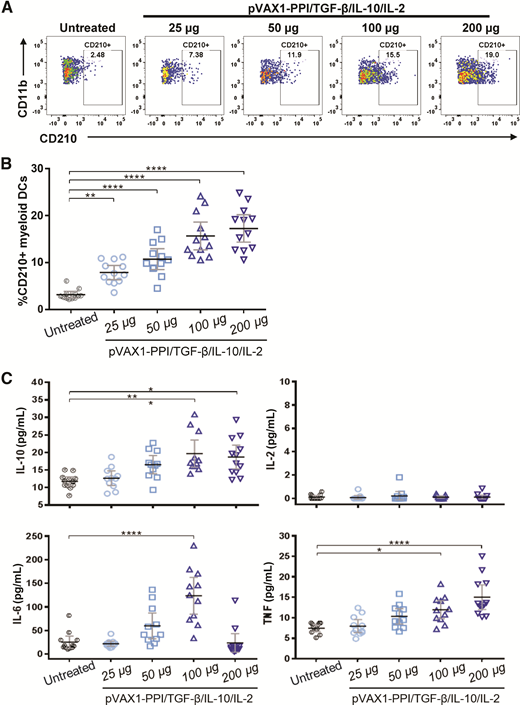 Plasmid treatment dose dependently alters myeloid cell phenotypes and peripheral cytokine signatures. A: Flow plot representation for increasing IL-10R expression on CD11b+ myeloid cells with increasing treatment amounts of pVAX1-PPI/TGF-β/IL-10/IL-2. B: Increasing IL-10R expression on myeloid dendritic cells (DCs) with increasing treatment amounts of pVAX1-PPI/TGF-β/IL-10/IL-2. n = 12/group. C: Cytokine concentrations of NOD mice at 13 weeks of age after 4 weeks of treatment. *P < 0.05; **P < 0.01; ****P < 0.0001.