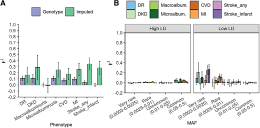 Heritability estimates and SEs of diabetes complication outcomes using the UKB data. A: Estimates from genotype and imputed data are obtained using the GREML-SC and GREML-LDMS-I approaches, respectively. We adjusted for sex, age in 2010, and the top 10 genetic principal components. B: GREML-LDMS estimates with eight bins (two LD bins for each of the four MAF bins). For each phenotype, the sum of estimates from the eight bins of MAF shown in panel B is equal to the estimate represented as the green bar on panel A.