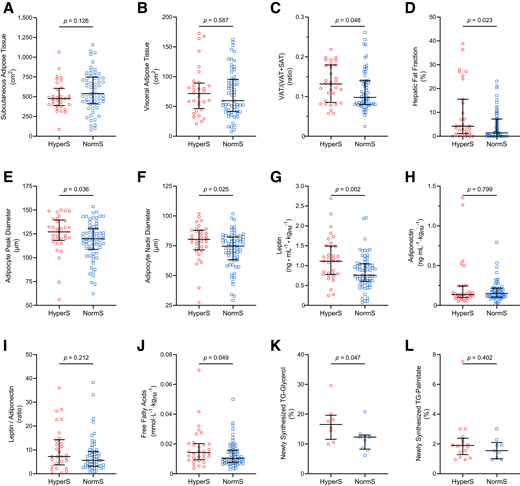 Adipose tissue distribution, morphology, and function in participants with HyperS or NormS. A–D: SAT, VAT, VAT proportion (VAT / [VAT + SAT]), and HFF by abdominal MRI. E and F: Peak diameter and nadir diameter of the large adipocyte population by curve-fitting analysis of SAT biopsies. G–I: Plasma leptin, adiponectin, and leptin-to-adiponectin ratio normalized by FM. J: Plasma FFAs normalized by FM. K and L: Newly synthesized TG-glycerol and TG-palmitate by 2H2O labeling. Lines represent median (IQR). Group differences were tested using Mann-Whitney U test.