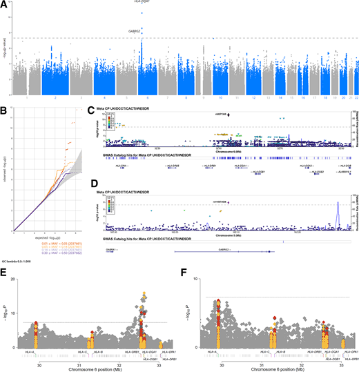 C-Peptide meta-GWAS. A: Manhattan plot. B: Q-Q plot. C: HLA locus (TOPMed imputation). D: GABRG2 locus. E: HLA region (HLA imputation). F: HLA region conditional to HLA-DQB1*06:02. The plots in A–D were made using LocusZoom (https://my.locuszoom.org/). The LD is based on the European population from the 1000 Genomes LD panel derived from deep whole-genome sequencing (50). The coordinates are based on GRCh38. The plots in E and F were made using HLAManhattan in HLA-TAPAS (https://github.com/immunogenomics/HLA-TAPAS) (31). HLA haplotypes, AA changes, and SNPs/indels are in red, yellow, and gray, respectively. The coordinates are based on GRCh37.