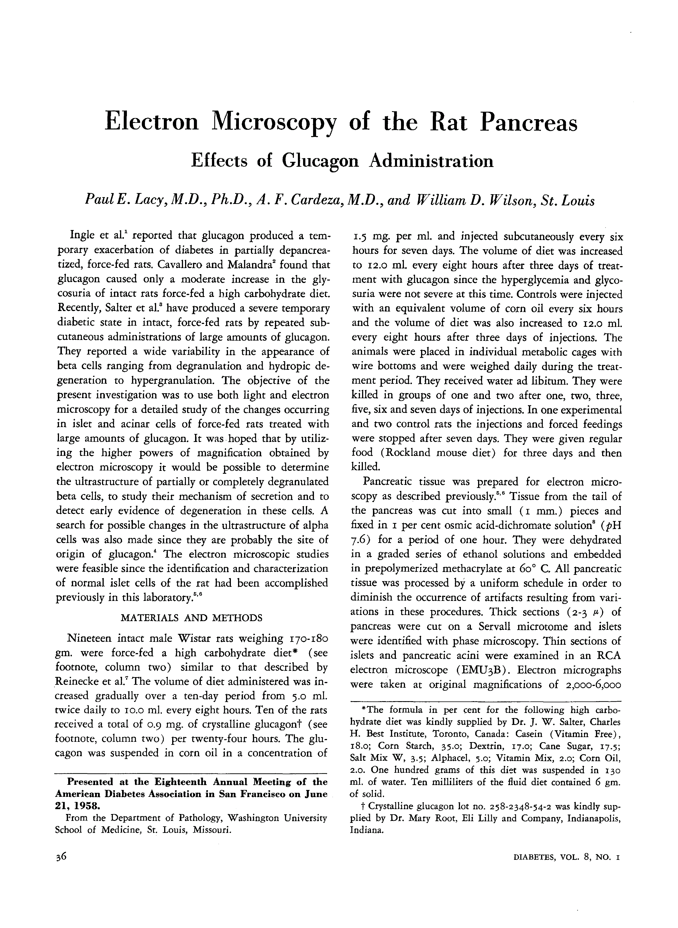 First page of Electron Microscopy of the Rat Pancreas: Effects of Glucagon Administration