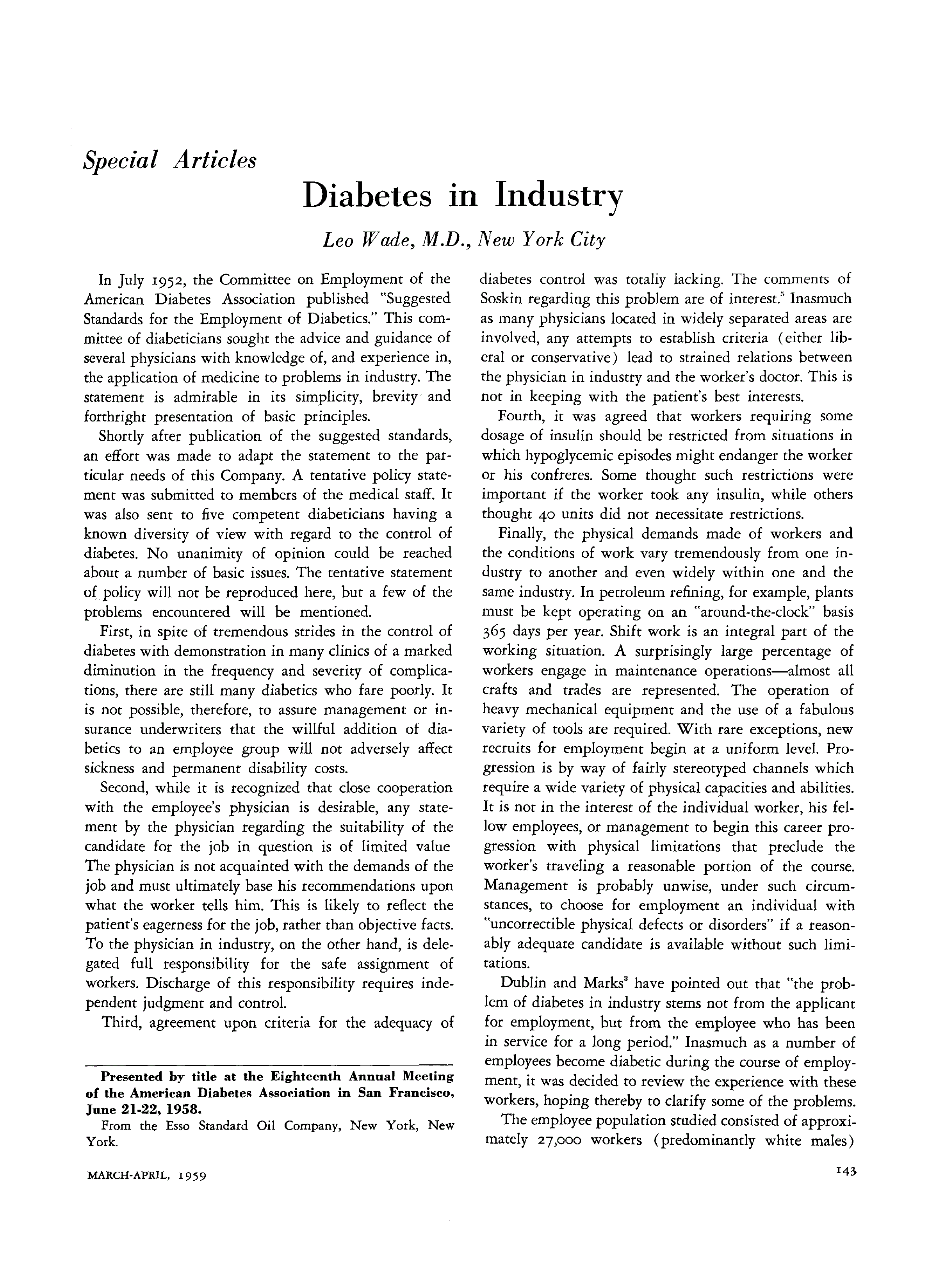 First page of Diabetes in Industry