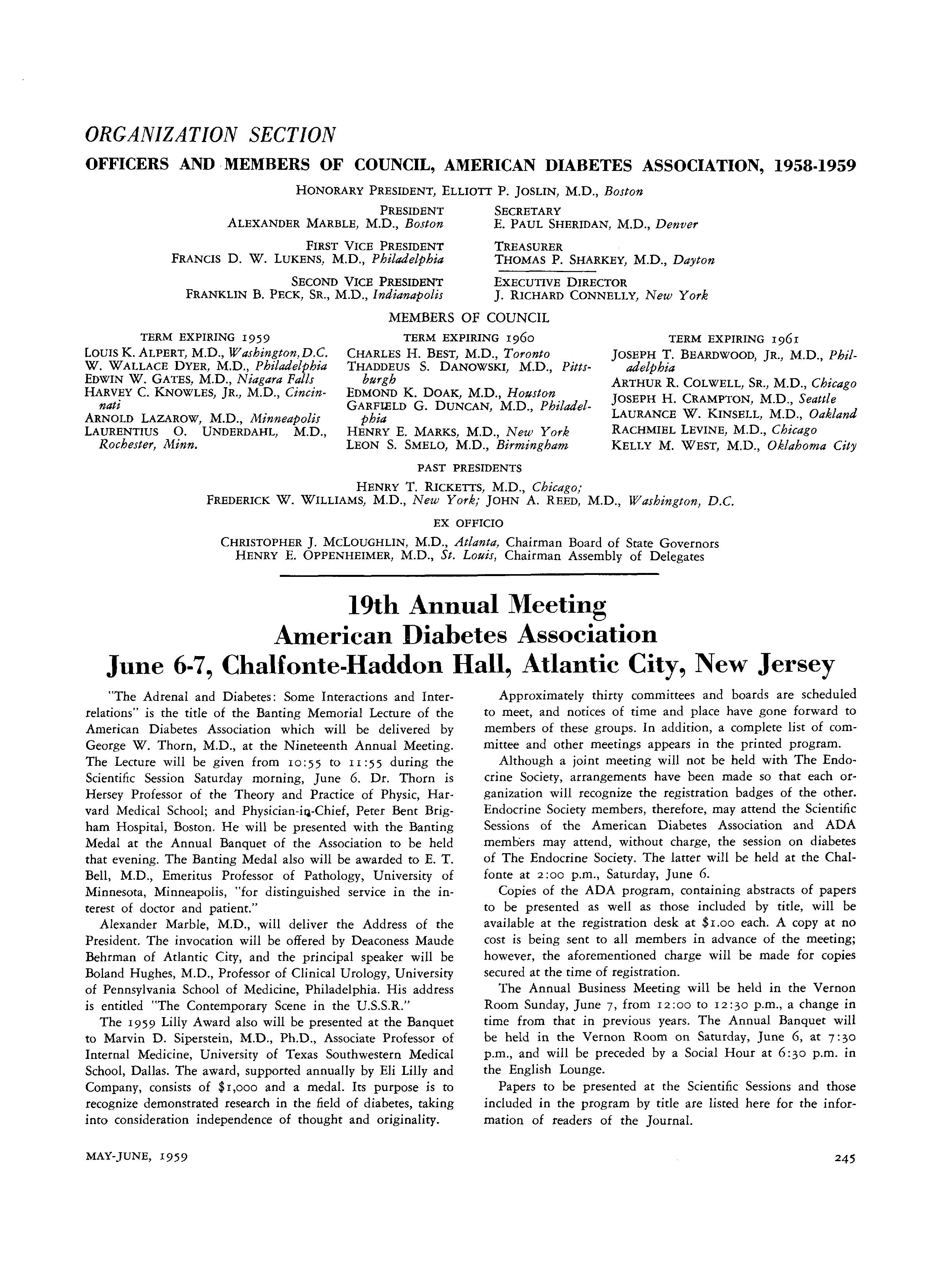 First page of 19th Annual Meeting: American Diabetes Association June 6–7, Chalfonte-Haddon Hall, Atlantic City, New Jersey