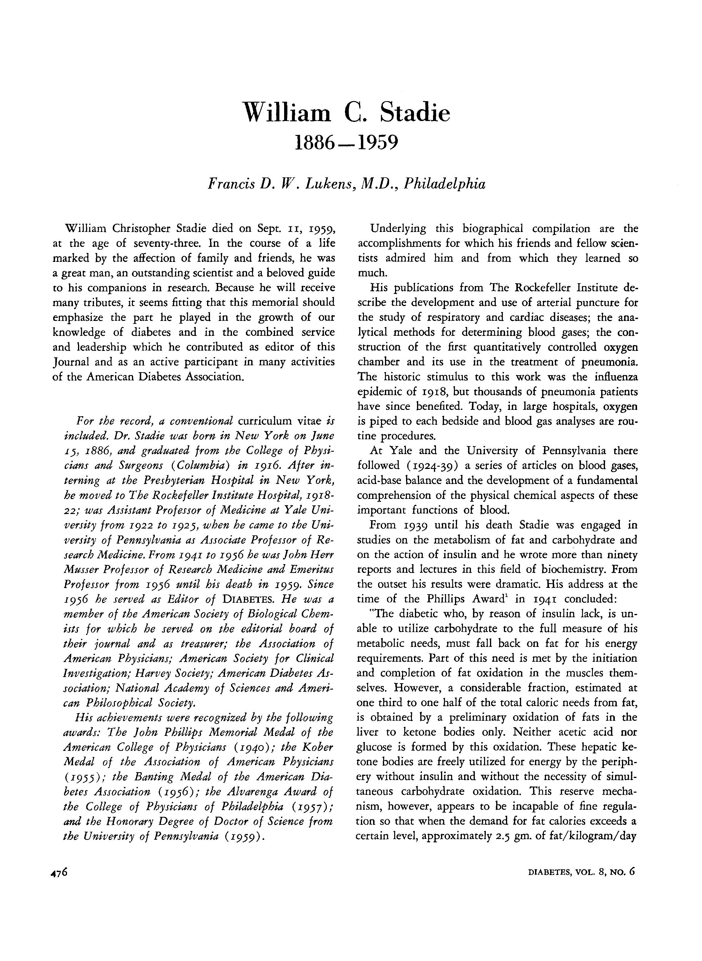 First page of William C. Stadie 1886—1959