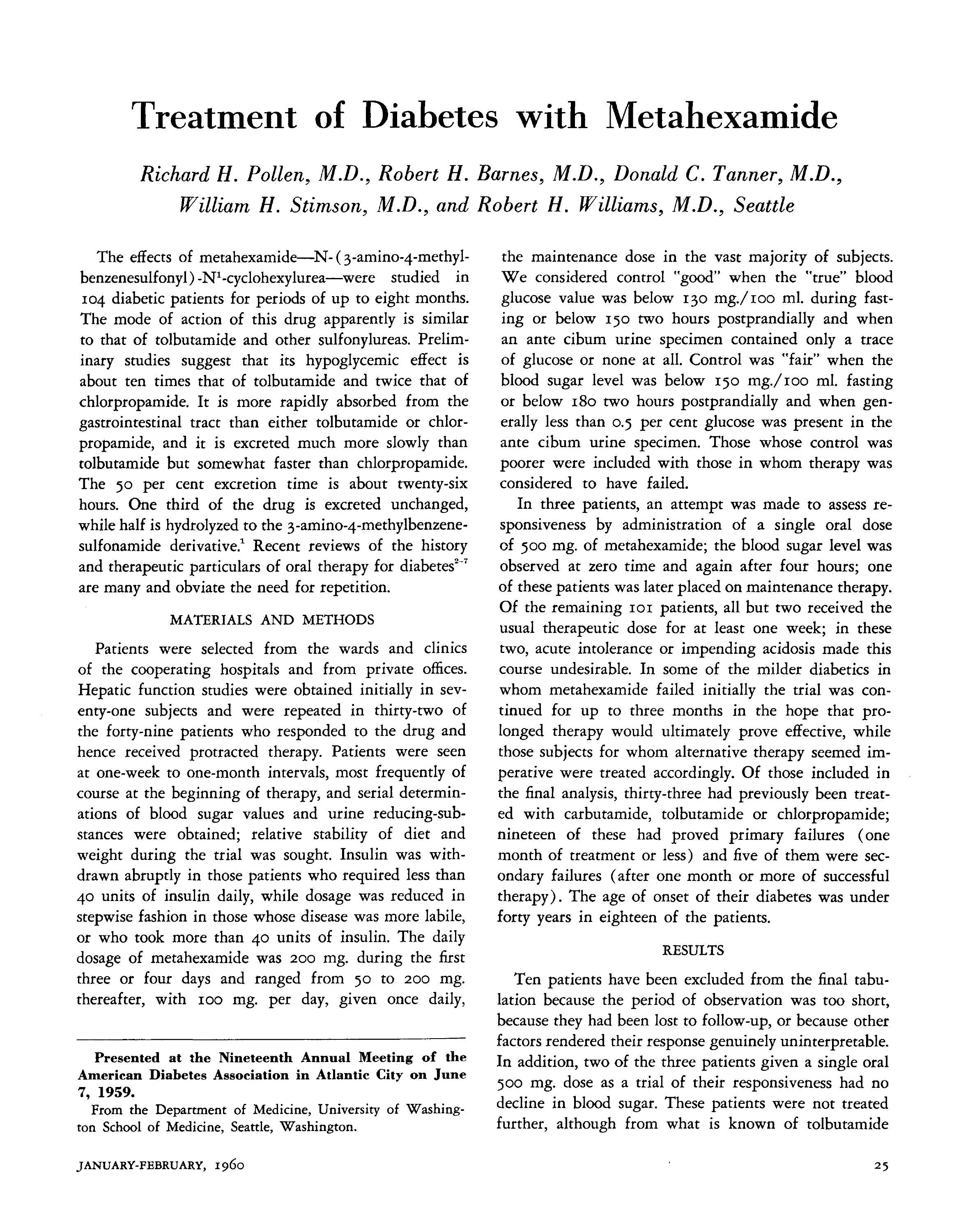 First page of Treatment of Diabetes with Metahexamide