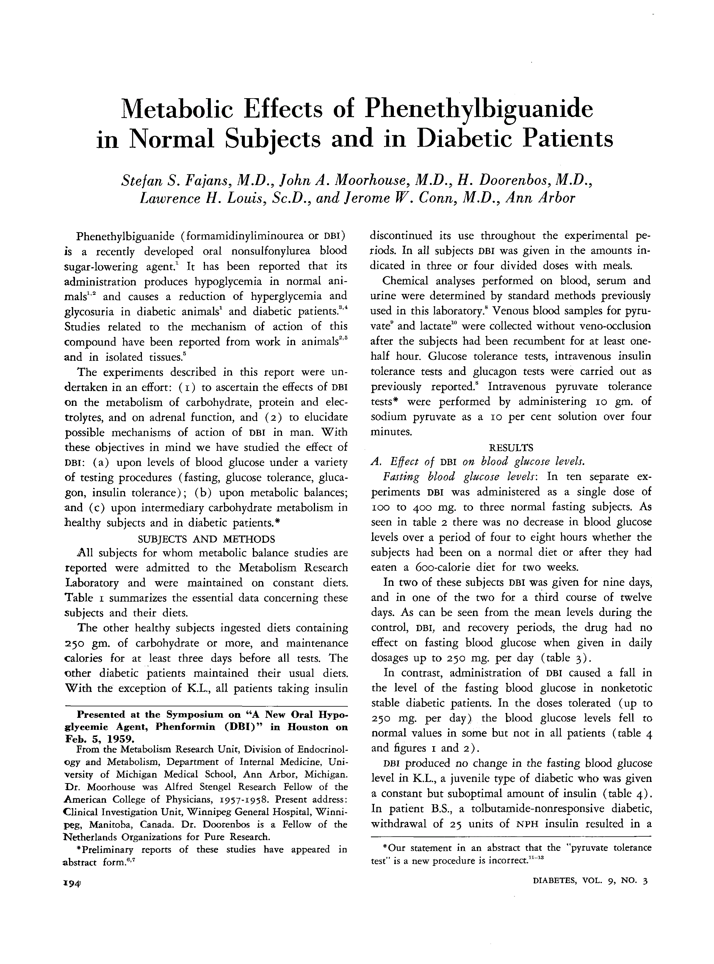 First page of Metabolic Effects of Phenethylbiguanide in Normal Subjects and in Diabetic Patients