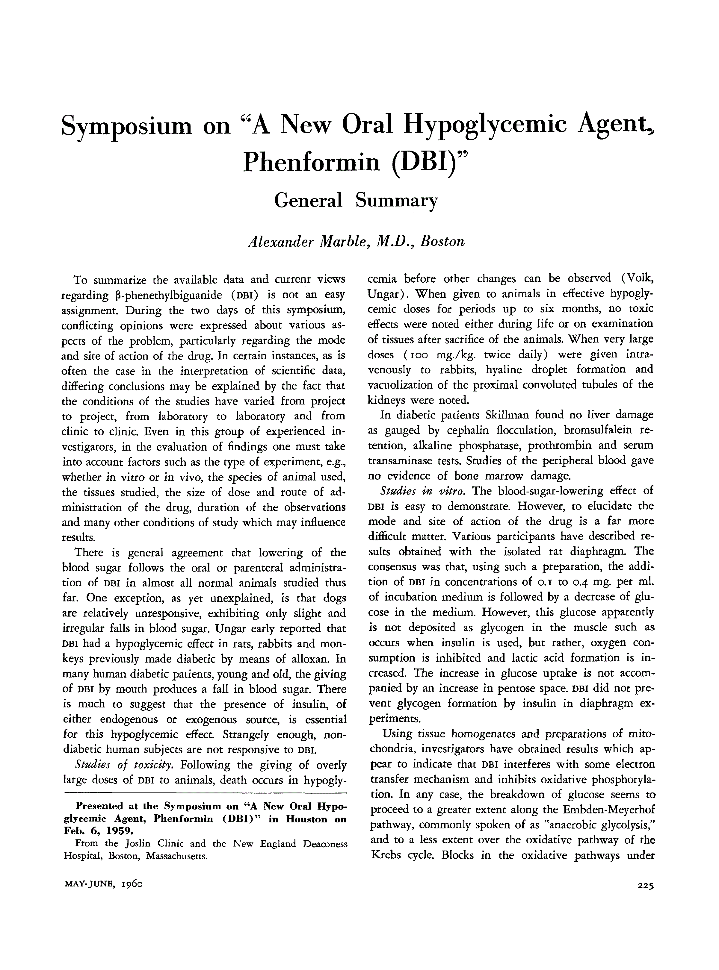 First page of Symposium on “A New Oral Hypoglycemic Agent, Phenformin (DBI)”: General Summary