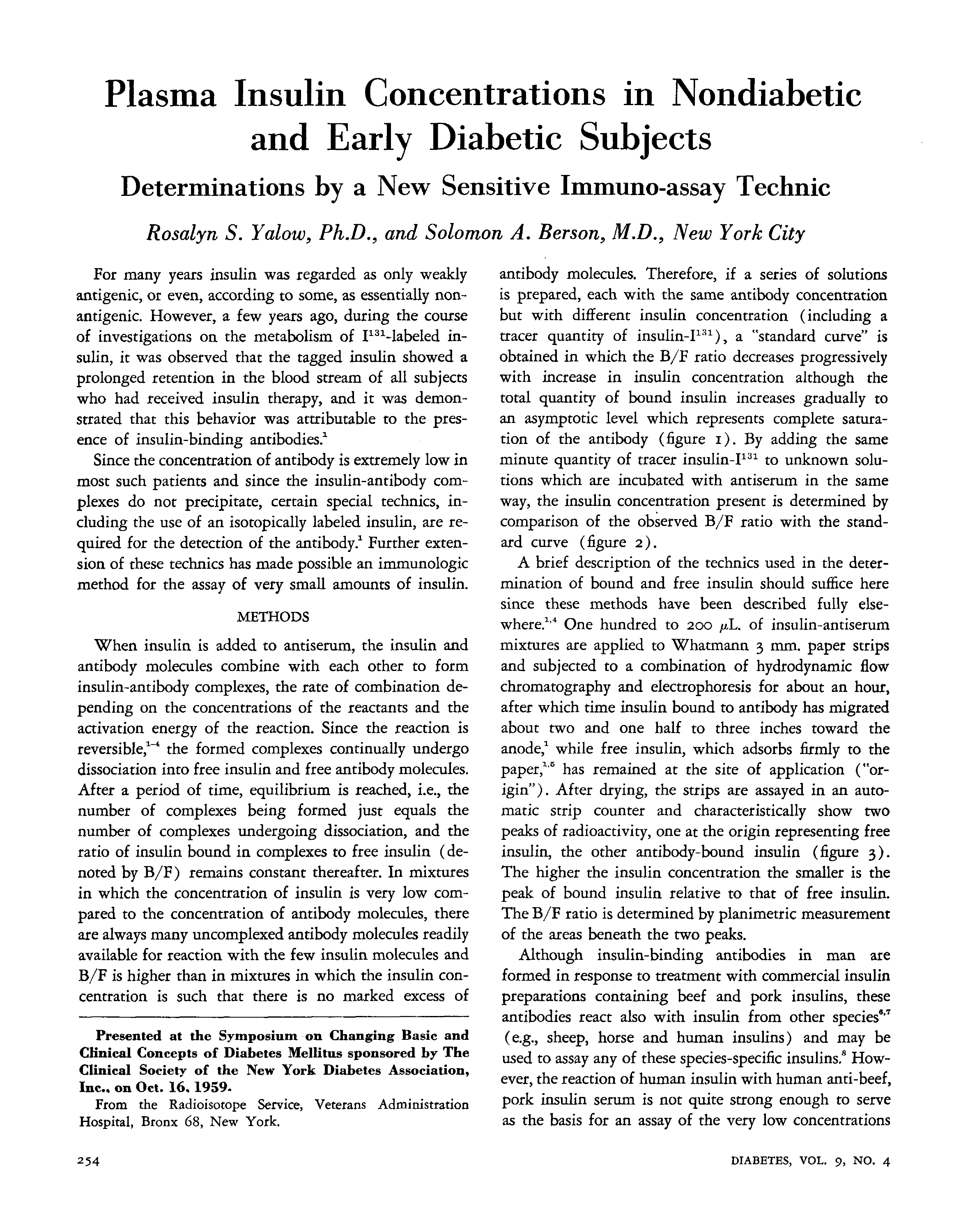 First page of Plasma Insulin Concentrations in Nondiabetic and Early Diabetic Subjects: Determinations by a New Sensitive Immuno-assay Technic