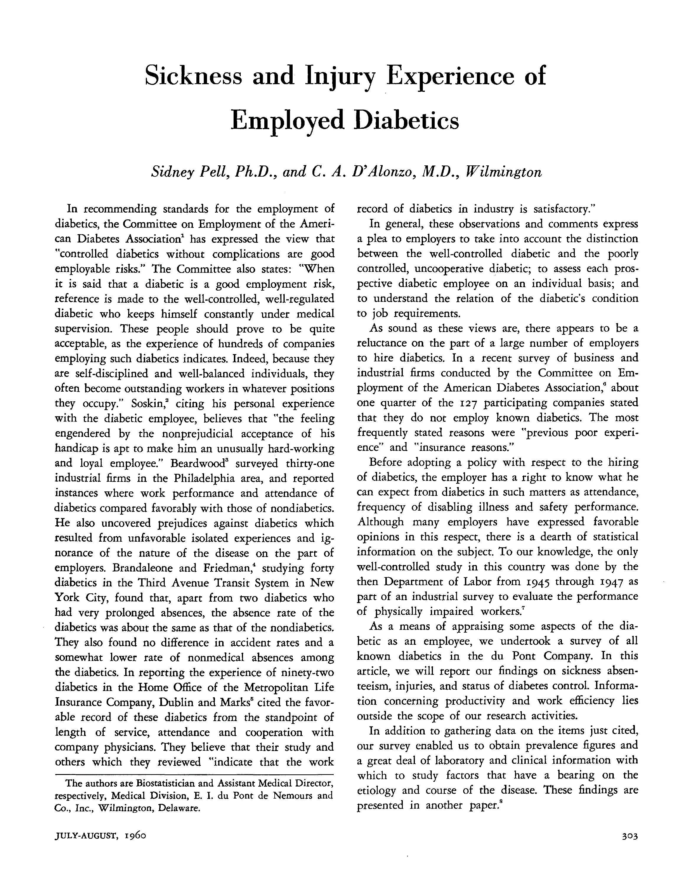 First page of Sickness and Injury Experience of Employed Diabetics