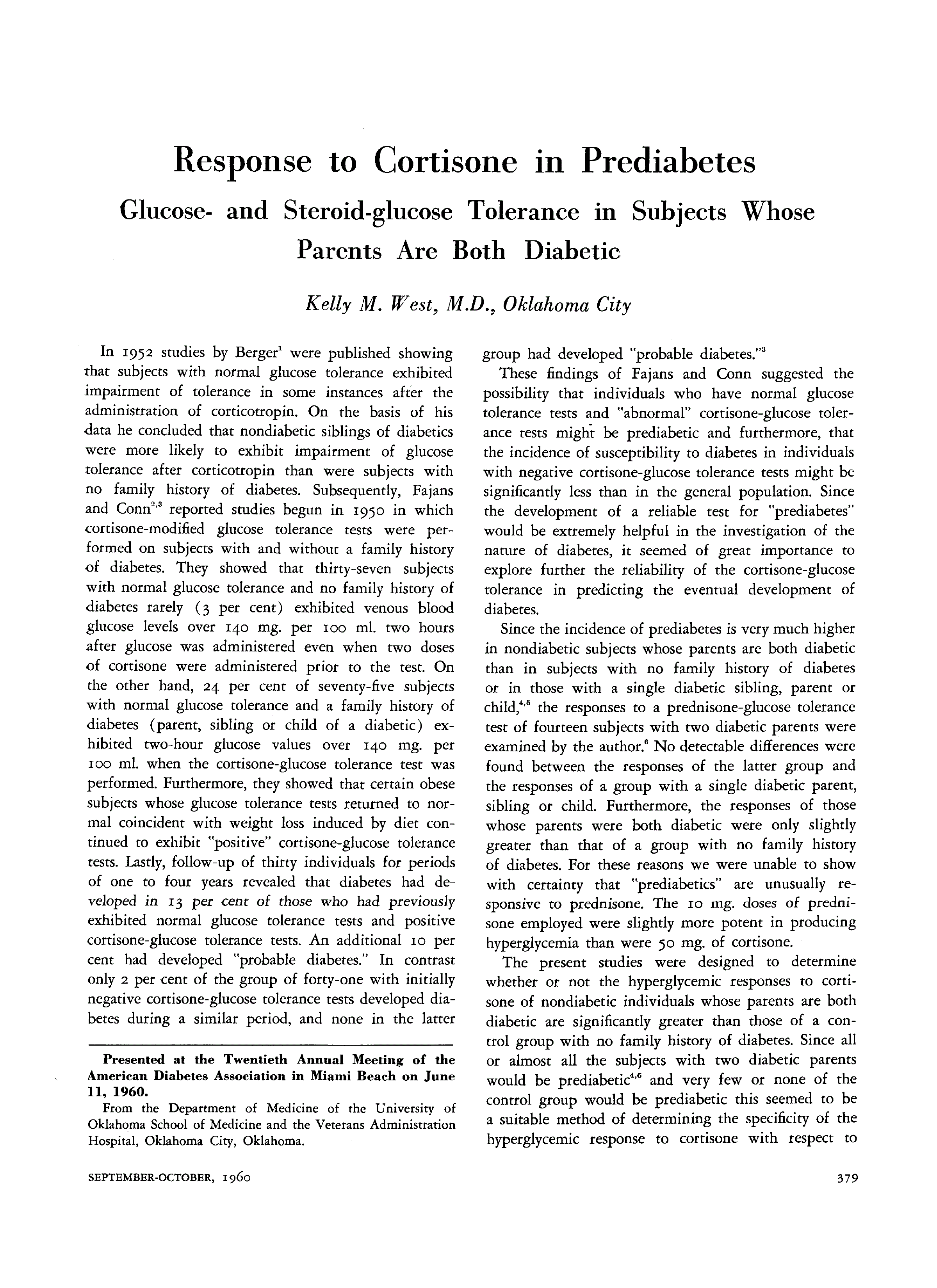 First page of Response to Cortisone in Prediabetes: Glucose- and Steroid-glucose Tolerance in Subjects Whose Parents Are Both Diabetic