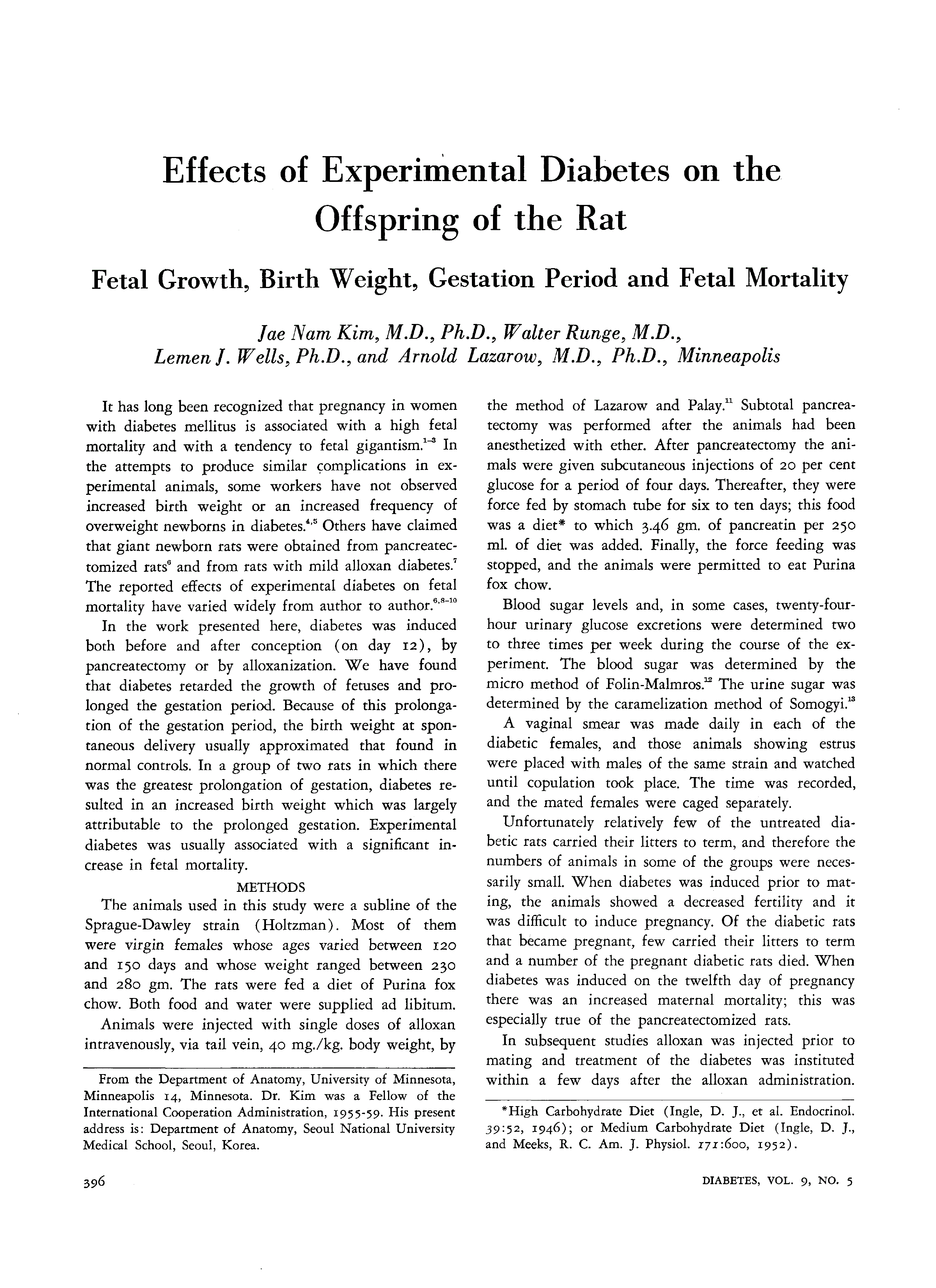 First page of Effects of Experimental Diabetes on the Offspring of the Rat: Fetal Growth, Birth Weight, Gestation Period and Fetal Mortality