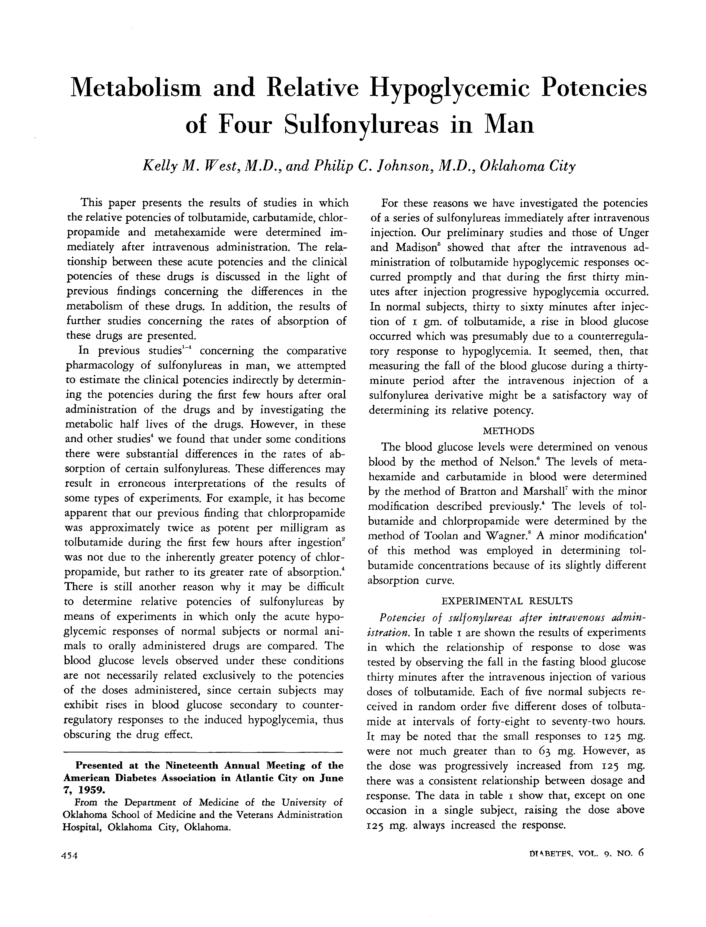 First page of Metabolism and Relative Hypoglycemic Potencies of Four Sulfonylureas in Man