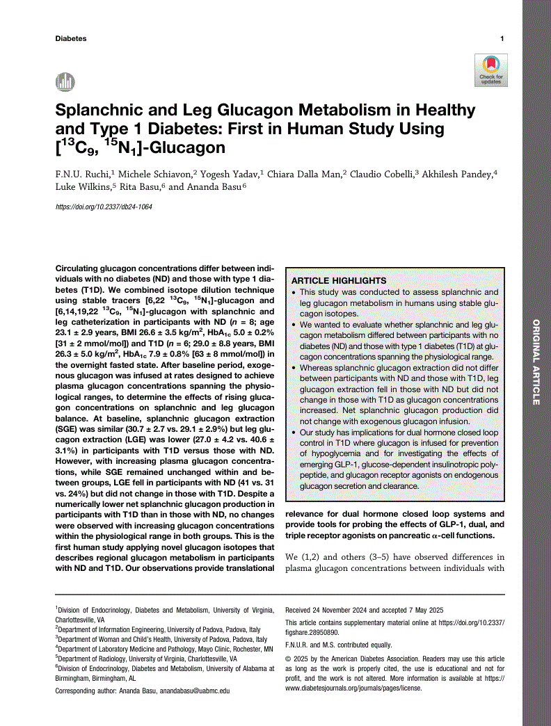 First page of Splanchnic and Leg Glucagon Metabolism in Healthy and Type 1 Diabetes: First in Human Study Using [<sup>13</sup>C<sub>9</sub>, <sup>15</sup>N<sub>1</sub>]-Glucagon