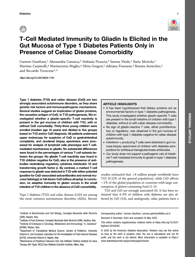 First page of T-Cell Mediated Immunity to Gliadin Is Elicited in the Gut Mucosa of Type 1 Diabetes Patients Only in Presence of Celiac Disease Comorbidity