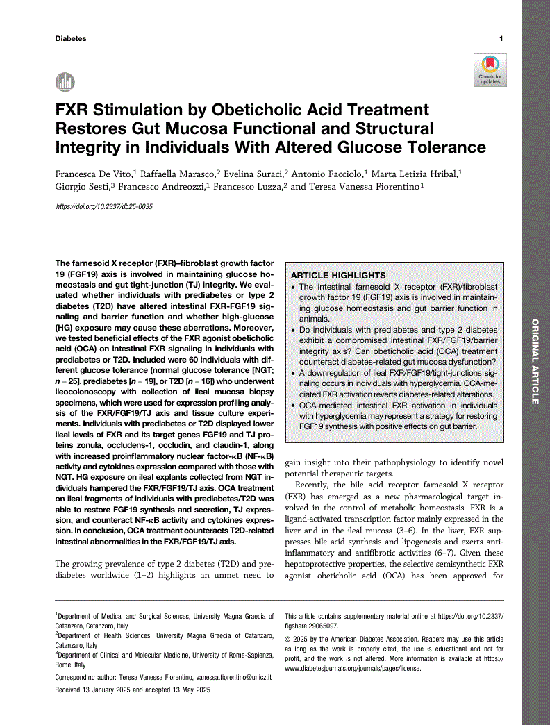 First page of FXR Stimulation by Obeticholic Acid Treatment Restores Gut Mucosa Functional and Structural Integrity in Individuals With Altered Glucose Tolerance