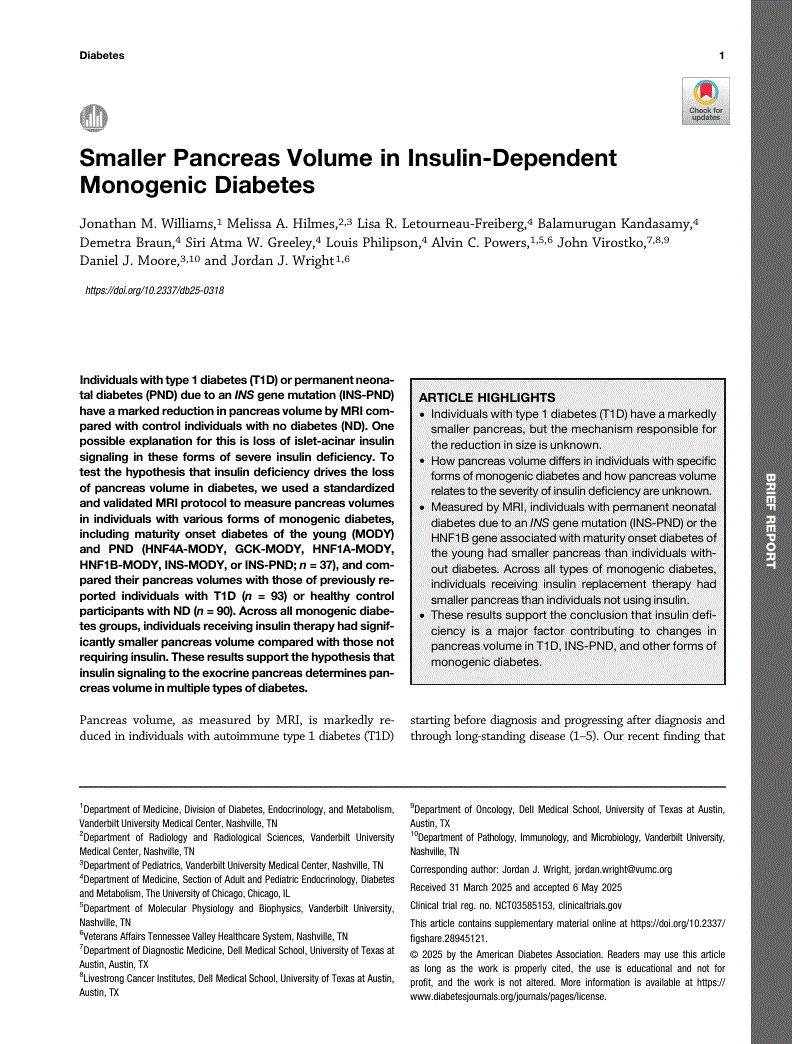 First page of Smaller Pancreas Volume in Insulin-Dependent Monogenic Diabetes