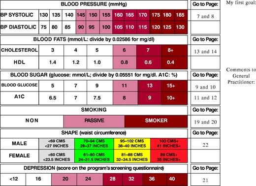 Figure 2. Health profile used in workshops to help people make diabetes management decisions. The shading is designed to give a visual representation of the increase in risk for coronary heart disease and the treatment targets (to try to get everything into the white and keep it there). The “go to page” column gives the page numbers in the patient handbook that provide more information about each risk factor and what self-management tasks will influence the risk factor.