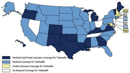 Figure 2. States with Medicaid coverage for telemedicine services. Available from the National Conference of State Legislatures website, along with a complete table of the types and locations of allowed services.22