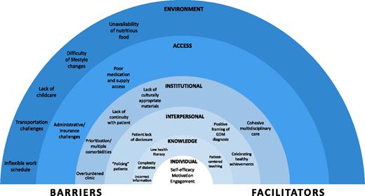 FIGURE 1. Social Ecological Model of HCP-reported patient facilitators and barriers to diabetes care and self-management during pregnancy.