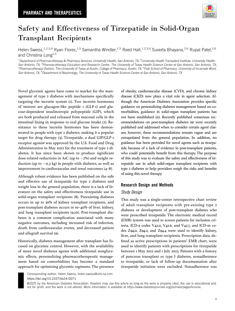 First page of Safety and Effectiveness of Tirzepatide in Solid-Organ Transplant Recipients